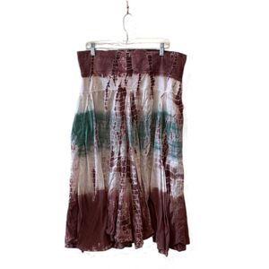 Now & Then Tie Dye Maxi Skirt Flowy Brown Green Boho Hippie Comfort Waist XL